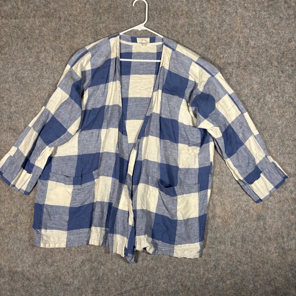 Lou & Grey Cardigan Jacket Womens M Blue White Linen Buffalo Check NO BELT